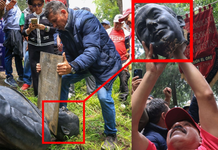 Decapitan estatua de Felipe Calderón durante protesta en Los Pinos