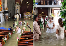 Novia camina entre el agua y se casa en una iglesia inundada