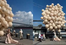 ¡De película! Novia es arrastrada por globos gigantes durante sesión de fotos | VIDEO